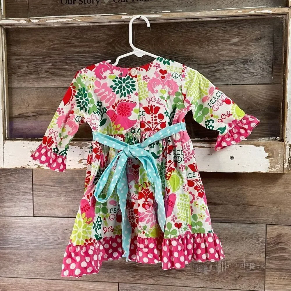 SMOCKED A LOT Toddler Girls Floral Ruffled Dress Size 18M Boho Polka Dots